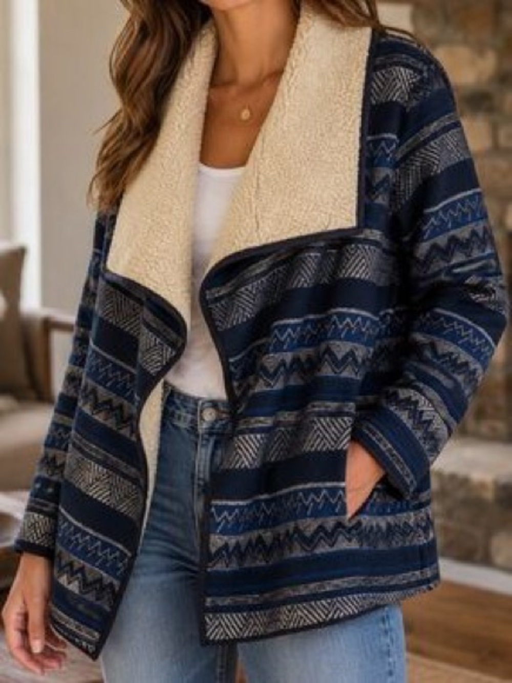 Cozy Navy Patterned Shawl Collar Sweater Jacket